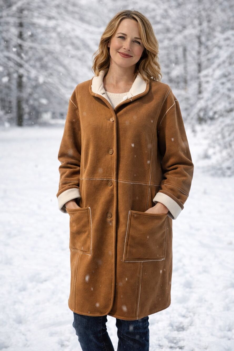 Susan Graver women's camel coat winter button front jacket cozy snow outerwear